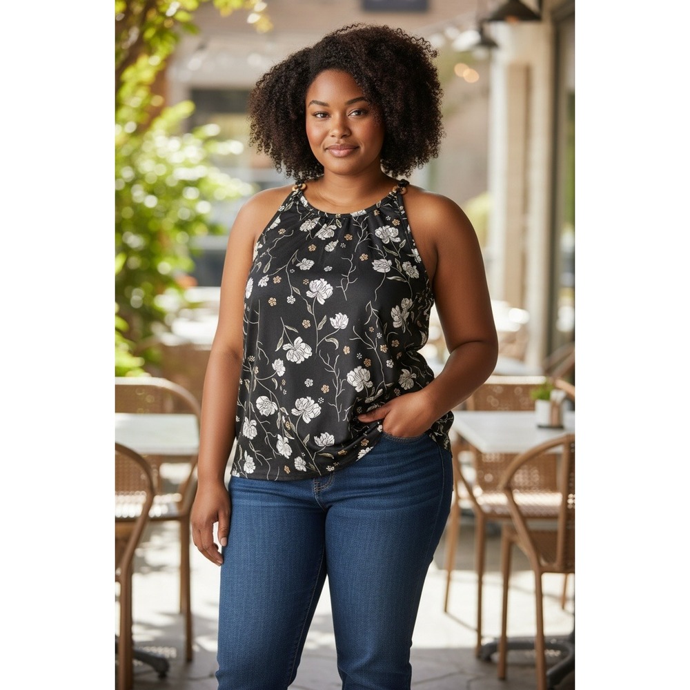 ETCYY NEW Women's XXL Floral‎ Halter Top Black Gold Chain Neck Racerback Blouse